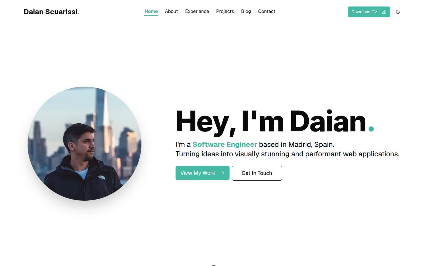 The portfolio home page, showing the hero introduction and navigation